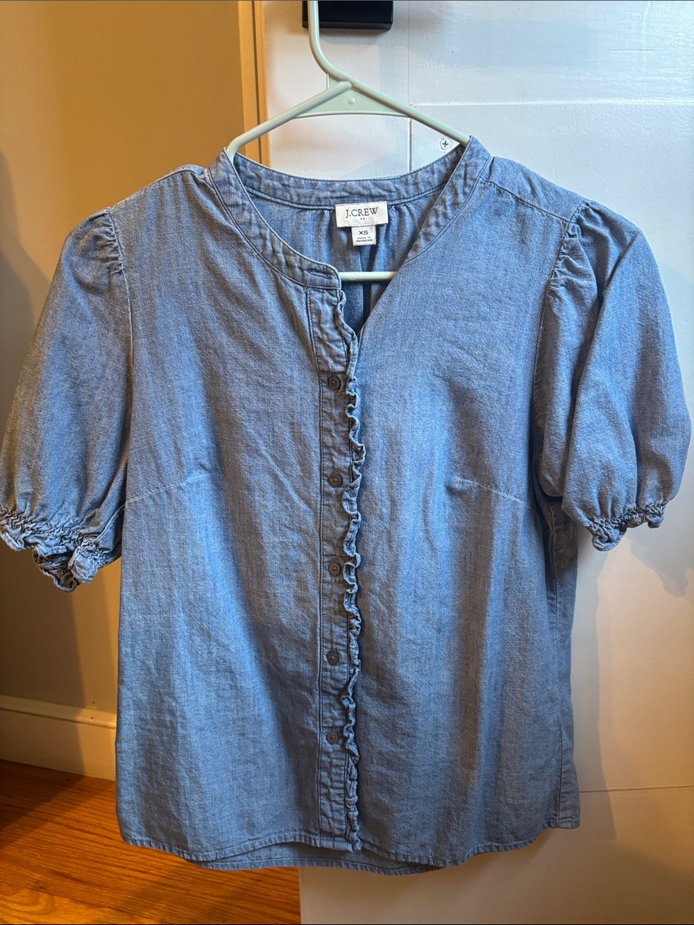 J. Crew Factory Light Blue Button-Down Ruffle Trim Shirt